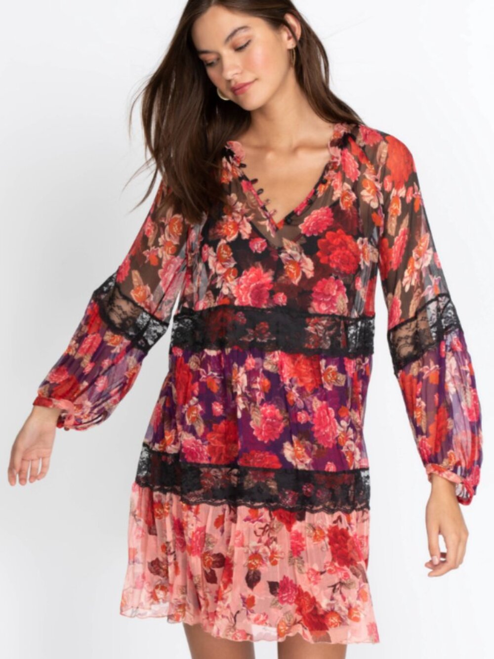 Johnny Was Natasha Mini Dress Sheer Floral Tiered Dress Size XS